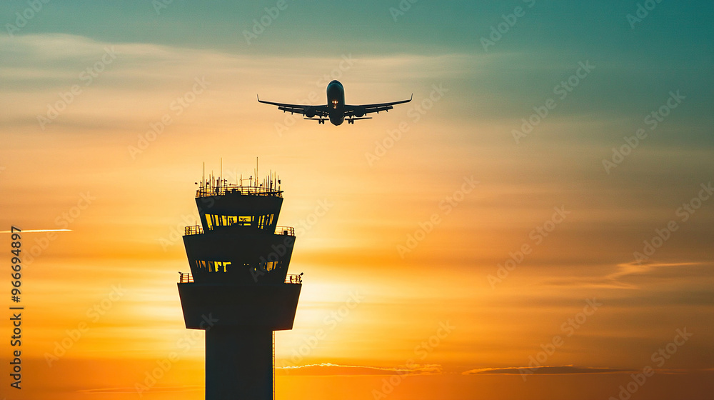 Silhouette of an airplane flying over the control tower at sunset Silhouette of an airplane flying over the control tower at sunset
