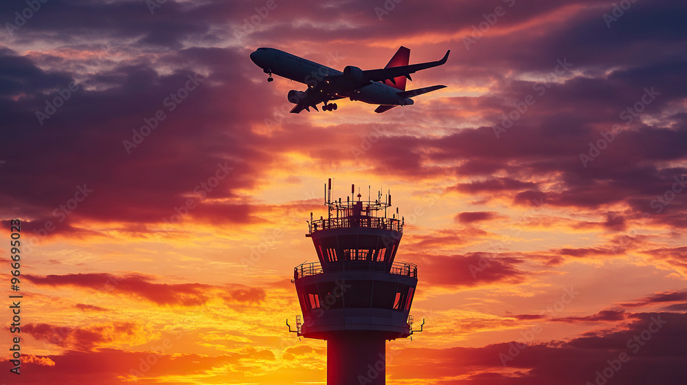 Silhouette of an airplane flying over the control tower at sunset Silhouette of an airplane flying over the control tower at sunset