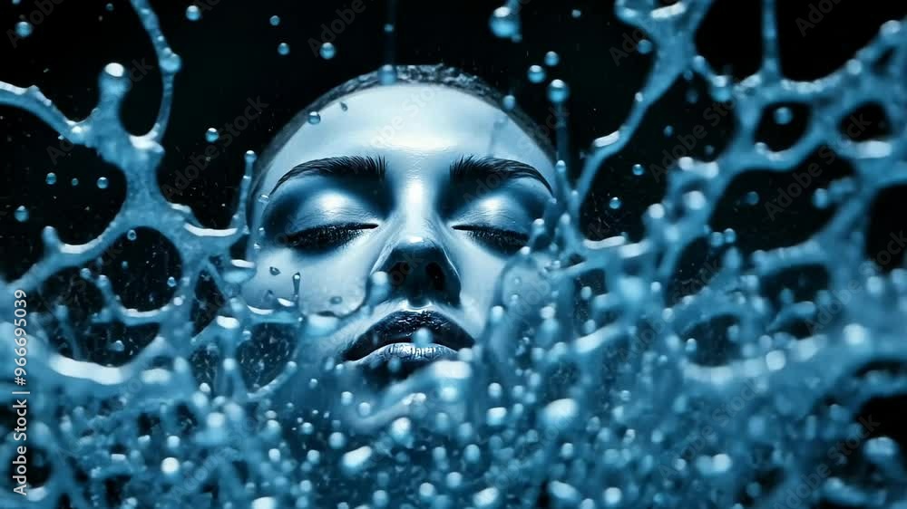 Abstract blue liquid face emerging from water, with fluid splashes creating a surreal visual effect
Abstract blue liquid face emerging from water, with fluid splashes creating a surreal visual effect