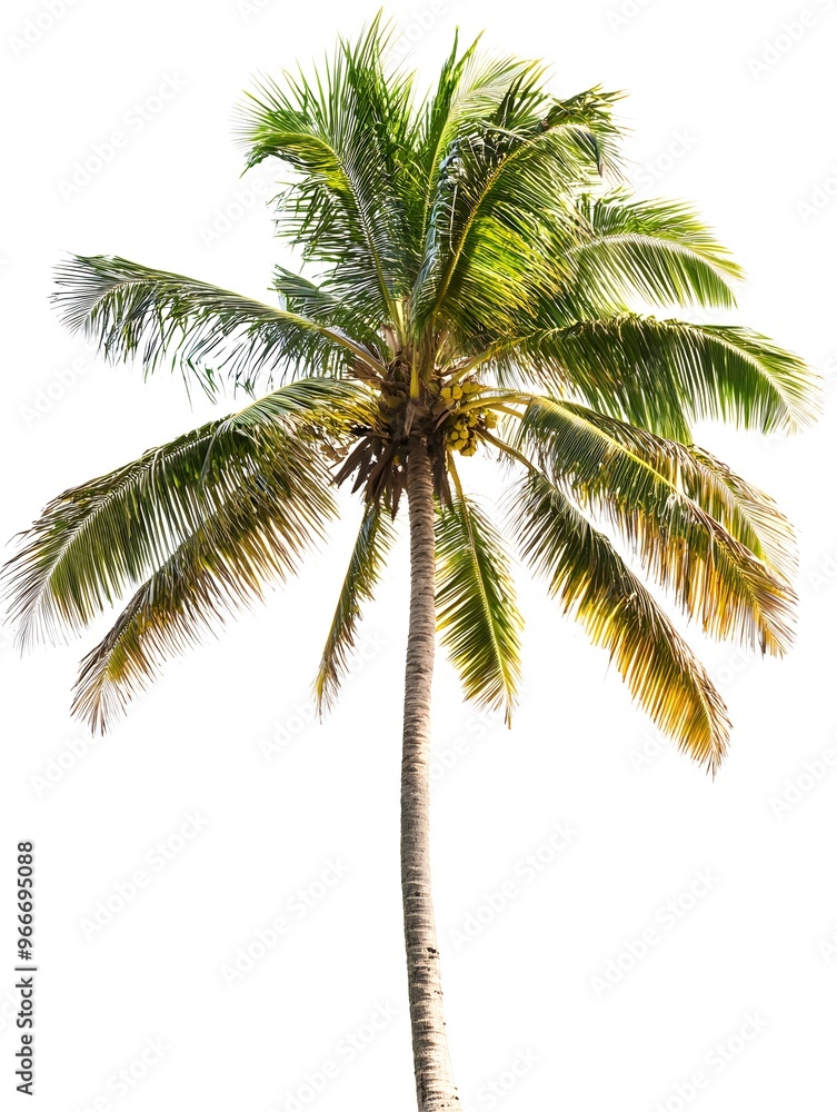 Fototapeta premium A tall, solitary palm tree with lush green fronds against a white background.