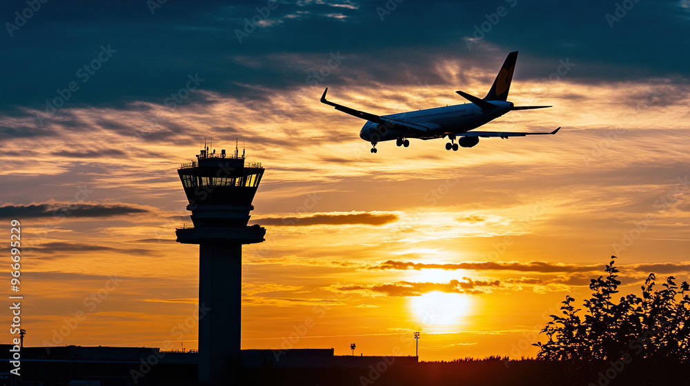 Silhouette of an airplane flying over the control tower at sunset Silhouette of an airplane flying over the control tower at sunset