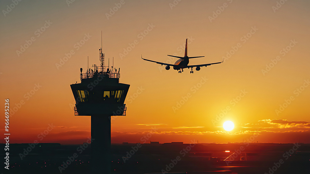 Silhouette of an airplane flying over the control tower at sunset Silhouette of an airplane flying over the control tower at sunset