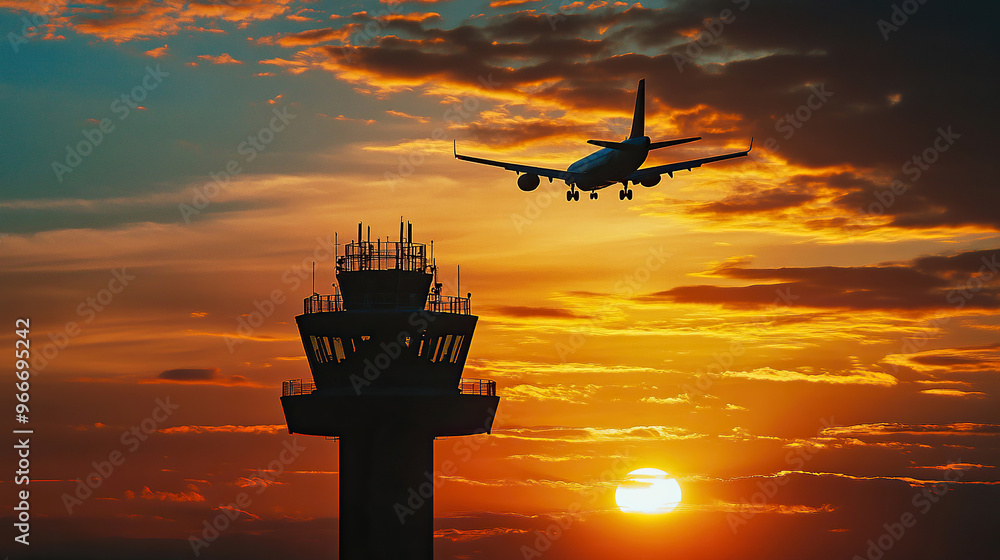 Silhouette of an airplane flying over the control tower at sunset Silhouette of an airplane flying over the control tower at sunset