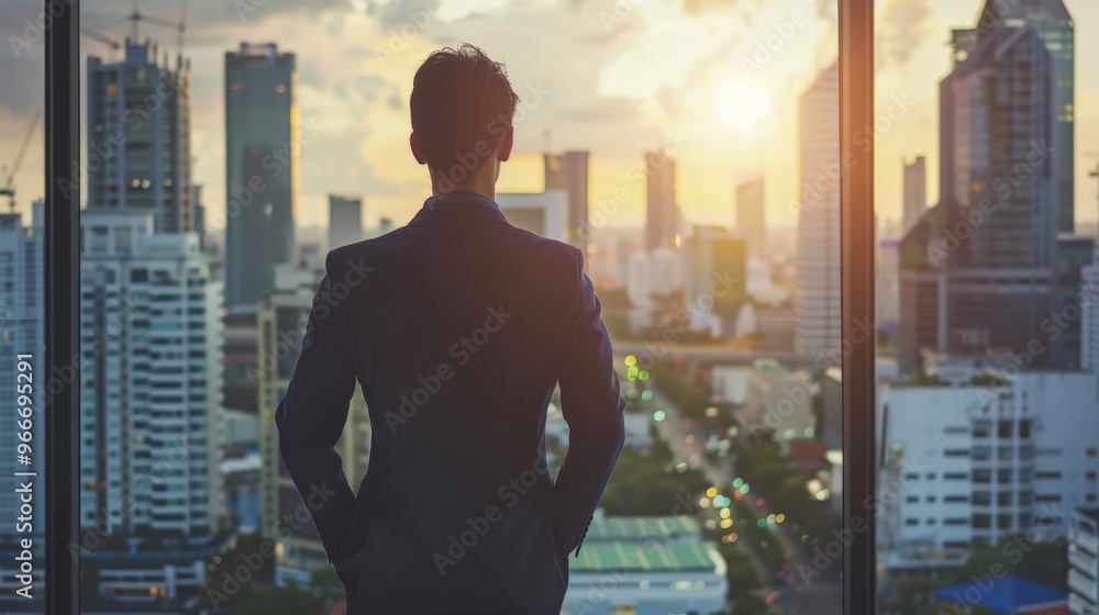 A businessman looking out a window at a cityscape, visualizing success. A businessman looking out a window at a cityscape, visualizing success.