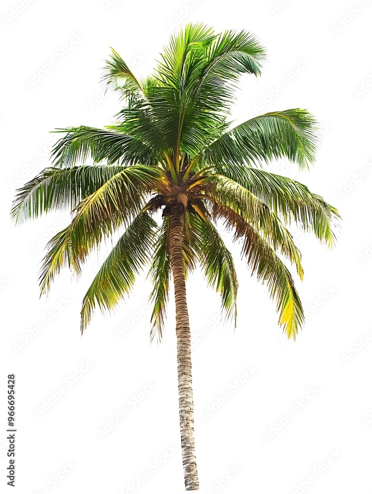 A single, tall palm tree with green fronds against a white background. A single, tall palm tree with green fronds against a white background.