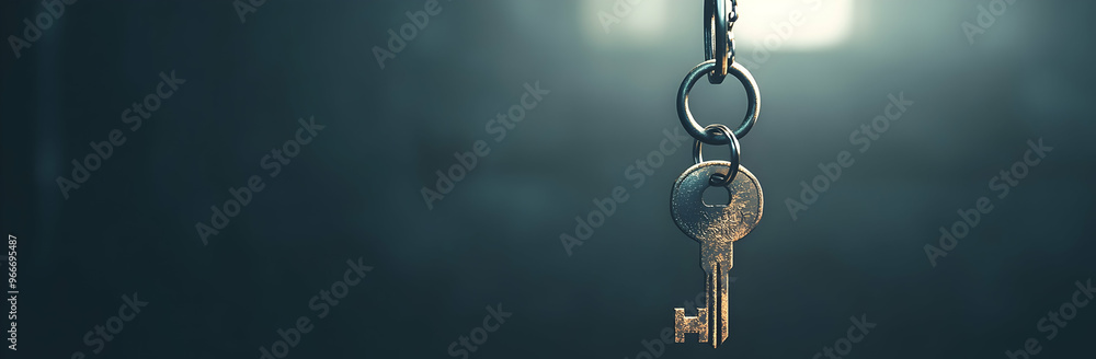 Solution concept - website banner of a hanging key Solution concept - website banner of a hanging key