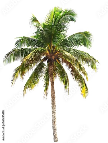 A single, tall palm tree with green fronds against a white background.