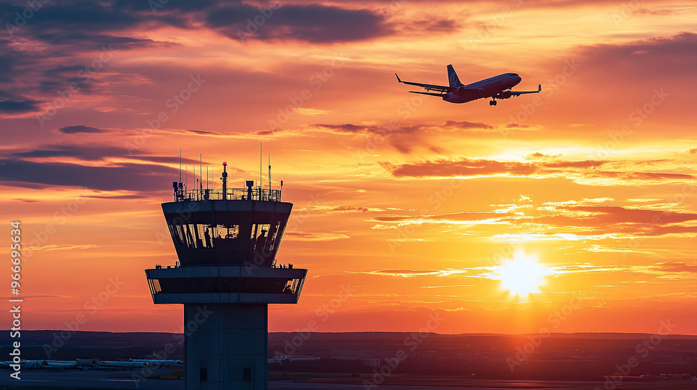 Silhouette of an airplane flying over the control tower at sunset Silhouette of an airplane flying over the control tower at sunset