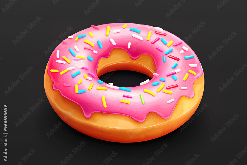 A colorful donut with pink icing and sprinkles on a dark background. A colorful donut with pink icing and sprinkles on a dark background.
