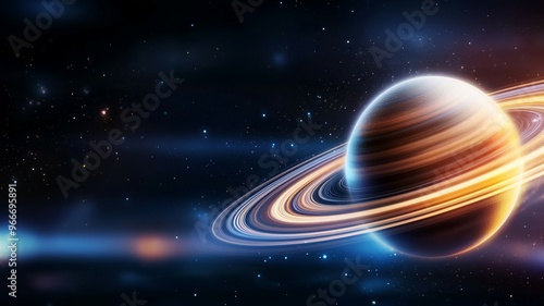 A large planet with a bright orange stripe is floating in space