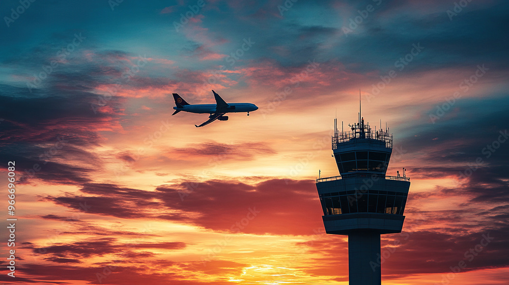 Silhouette of an airplane flying over the control tower at sunset Silhouette of an airplane flying over the control tower at sunset