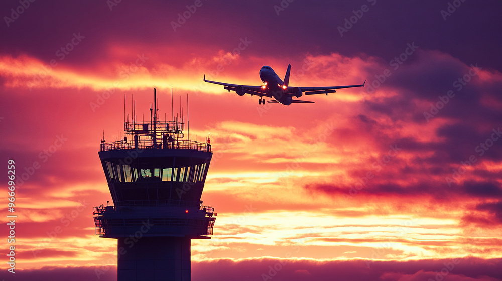 Silhouette of an airplane flying over the control tower at sunset Silhouette of an airplane flying over the control tower at sunset