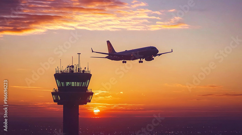 Silhouette of an airplane flying over the control tower at sunset