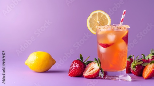 Refreshing cocktail or lemonade with lemon and strawberries on purple background