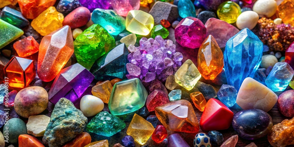 Vibrant collection of crystals and gemstones in various shapes and colors Vibrant collection of crystals and gemstones in various shapes and colors