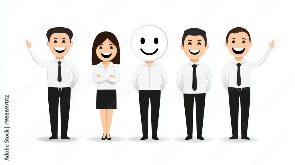 A group of five smiling people are standing next to a smiling face A group of five smiling people are standing next to a smiling face