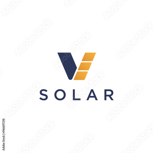 clean logo solar energy v letter design with panel electric vector template