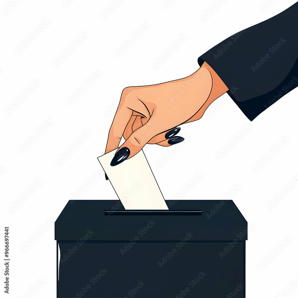 Women of colors hand with acrylic nails and dark blue sleeve placing a paper into a black ballot box style art, vector design clipart on a white background Women of colors hand with acrylic nails and dark blue sleeve placing a paper into a black ballot box style art, vector design clipart on a white background