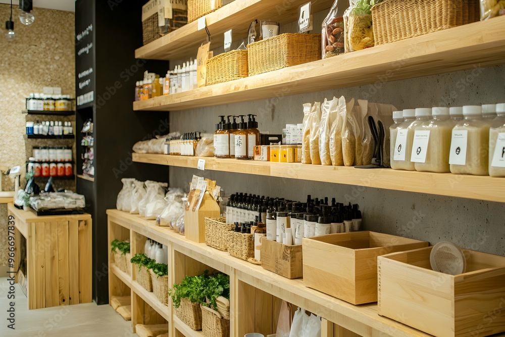 Zero waste shop interior details. Wooden shelves with different food goods and personal hygiene or cosmetics products in plastic free grocery store. Eco-friendly shopping at local small businesses Zero waste shop interior details. Wooden shelves with different food goods and personal hygiene or cosmetics products in plastic free grocery store. Eco-friendly shopping at local small businesses