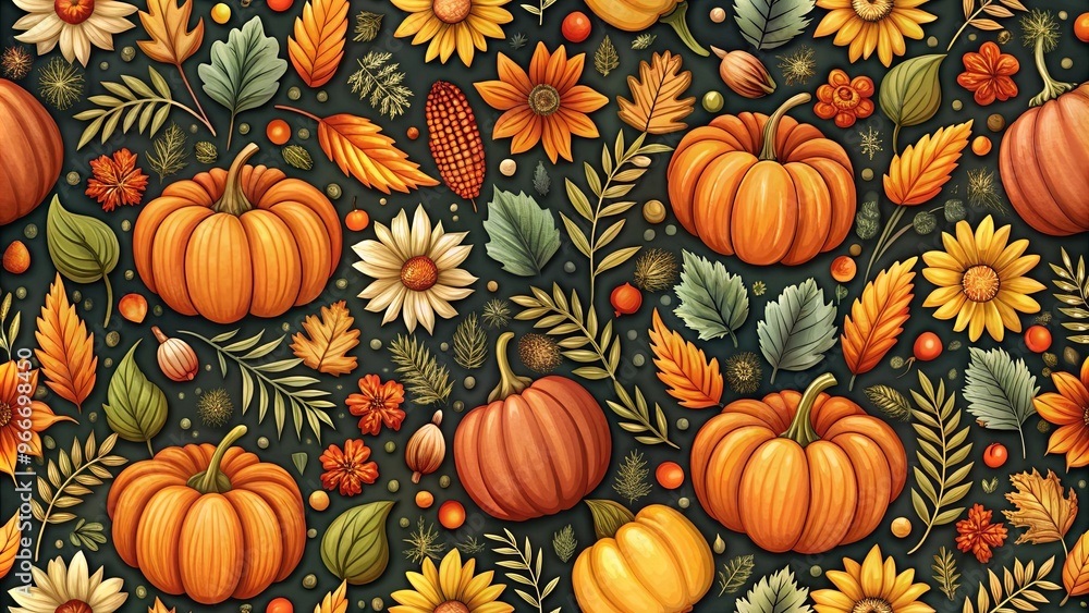 Seamless autumn pattern featuring pumpkins, flowers, and leaves on a dark background Seamless autumn pattern featuring pumpkins, flowers, and leaves on a dark background