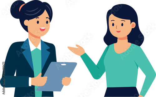 Two women are talking to each other. One of them is holding a clipboard. Scene is friendly and professional