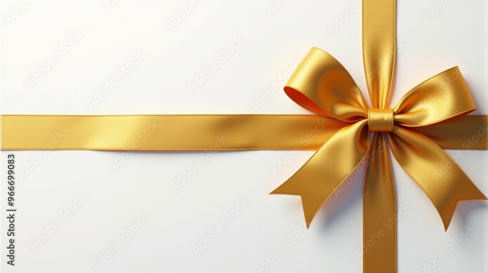 A gold ribbon bow is on a white background A gold ribbon bow is on a white background