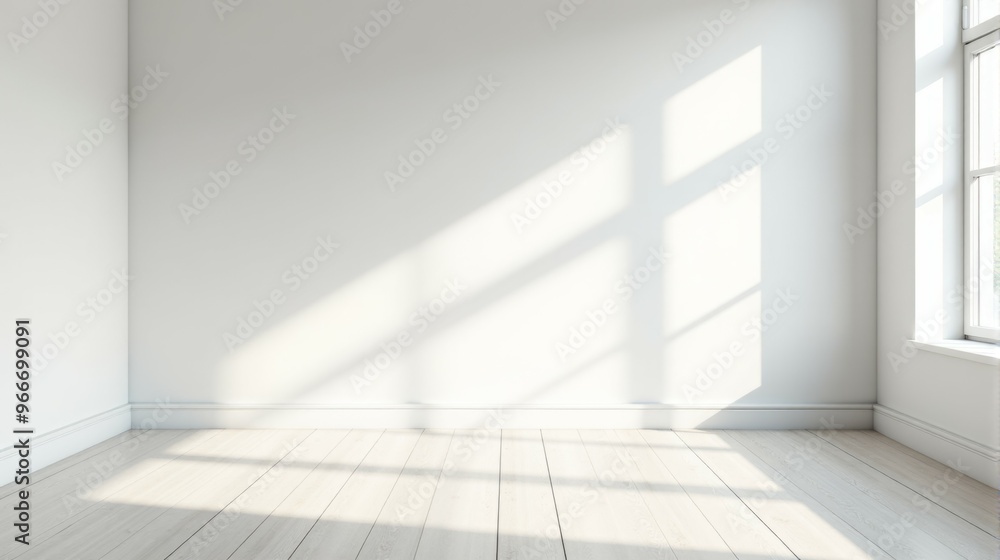 A large, empty room with a window and a white wall A large, empty room with a window and a white wall