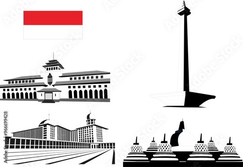 Illustration of historical buildings of Indonesia, icons of Indonesia