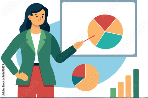 A woman is standing in front of a white board with a pie chart on it. She is pointing to the chart and smiling
