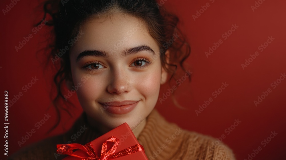 Smiling Woman Holding Gift Box Smiling Woman Holding Gift Box