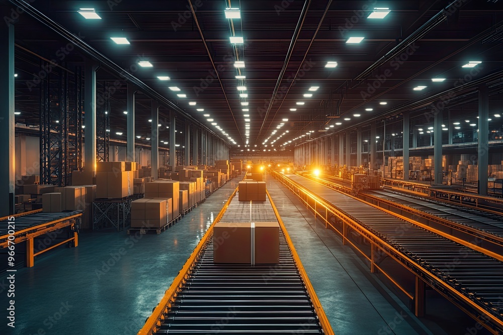 Warehouse with conveyor belts and stacked boxes. Warehouse with conveyor belts and stacked boxes.