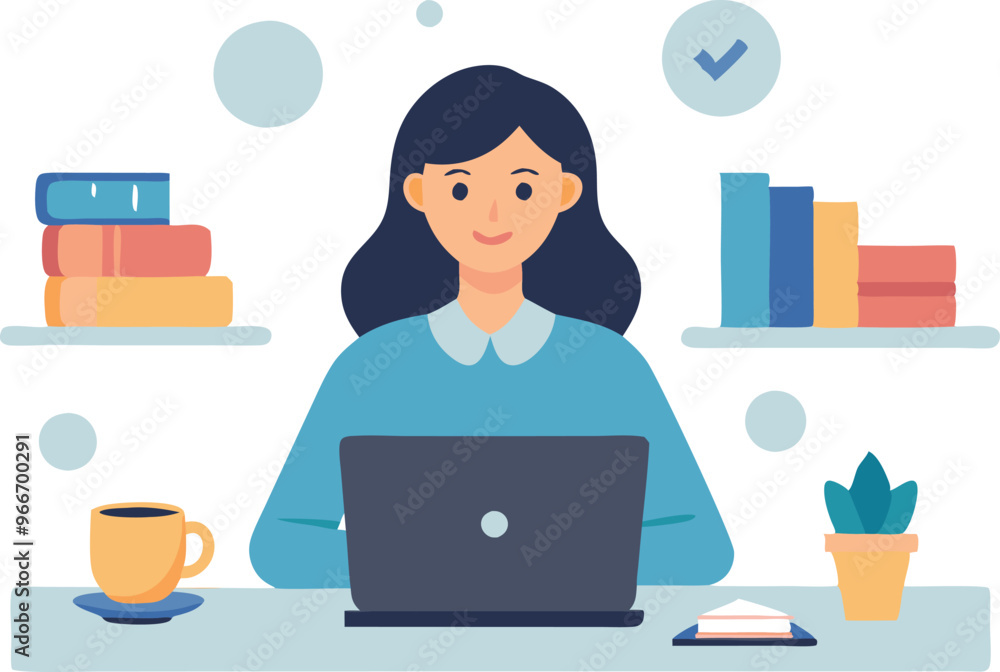 A woman is sitting at a desk with a laptop and a cup of coffee. She is smiling and she is enjoying her work. Concept of productivity and relaxation A woman is sitting at a desk with a laptop and a cup of coffee. She is smiling and she is enjoying her work. Concept of productivity and relaxation