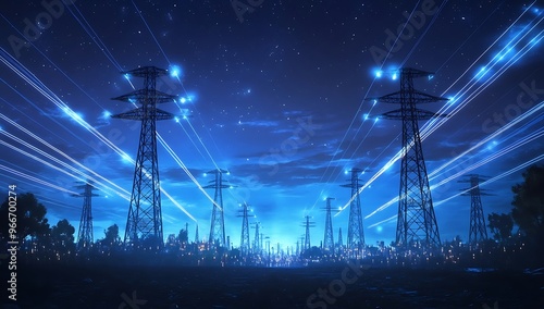 Power Transmission Lines with 3D Digital Visualization of Electricity. Fantastic Visuals of Night Sky Full of Bright Stars. Concept of Renewable Green Energy Powering Human Progress, 3D render.