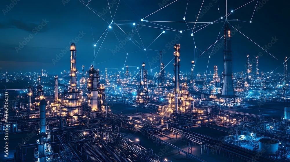 Obraz premium A city skyline with a large industrial area with many buildings and a large oil refinery. The sky is dark and the buildings are lit up with neon lights. Scene is industrial and urban