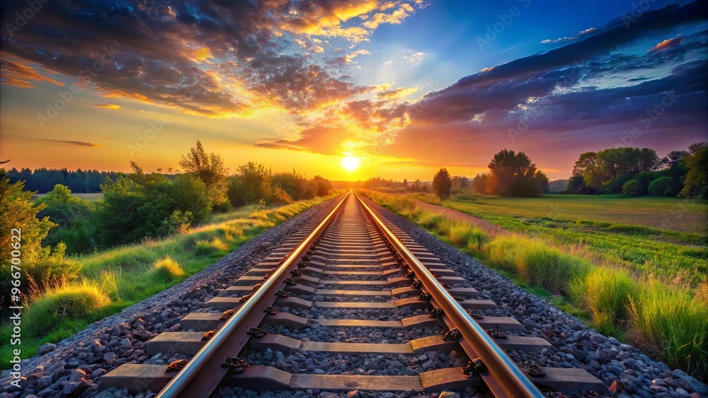 Serene railway tracks leading into a sunset-lit landscape Serene railway tracks leading into a sunset-lit landscape