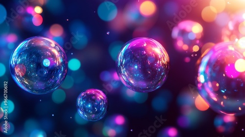 Iridescent Bubbles Against a Blurred Background of Neon Lights