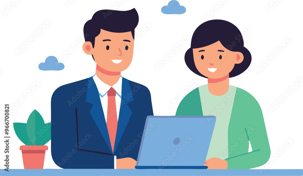 A man and a woman are sitting at a desk with a laptop. The man is wearing a suit and tie, and the woman is wearing a green shirt. They are both smiling and seem to be working together A man and a woman are sitting at a desk with a laptop. The man is wearing a suit and tie, and the woman is wearing a green shirt. They are both smiling and seem to be working together