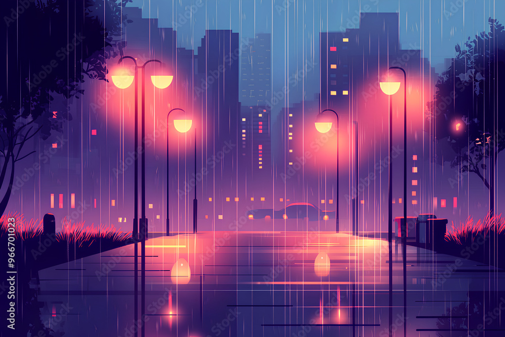 A serene urban scene with glowing street lamps and rain-soaked pavement at dusk. A serene urban scene with glowing street lamps and rain-soaked pavement at dusk.