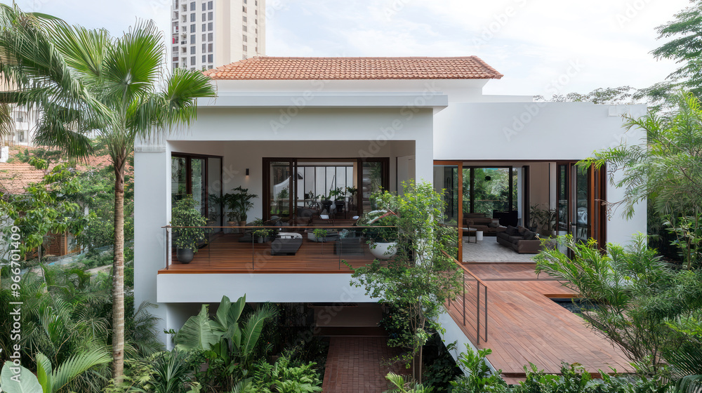 Obraz premium A modern minimalist courtyard design with lush greenery and wooden deck
