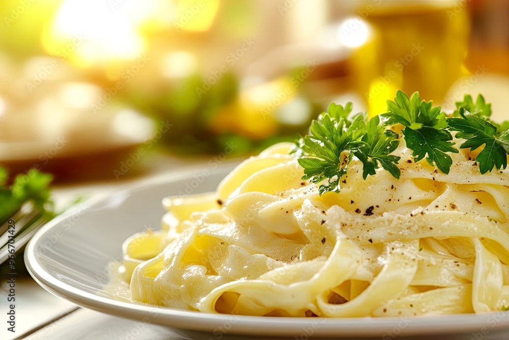 Fettuccine Alfredo Creamy pasta dish garnished with parsley. Fettuccine Alfredo Creamy pasta dish garnished with parsley.