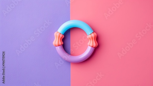 Silicone teether ring for baby isolated on purple and pink background