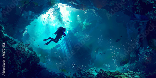 Wallpaper Mural Scuba Diver Exploring Deep Underwater Cave Torontodigital.ca