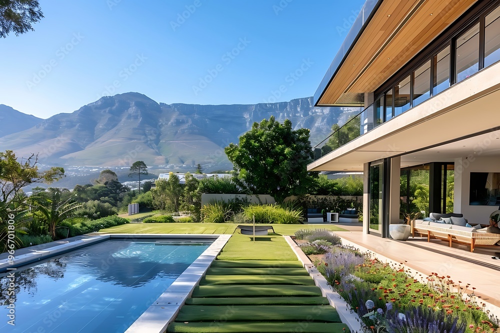 Front yard and garden of an elegant modern house at St. Monitor Mountain, Cape Town Front yard and garden of an elegant modern house at St. Monitor Mountain, Cape Town