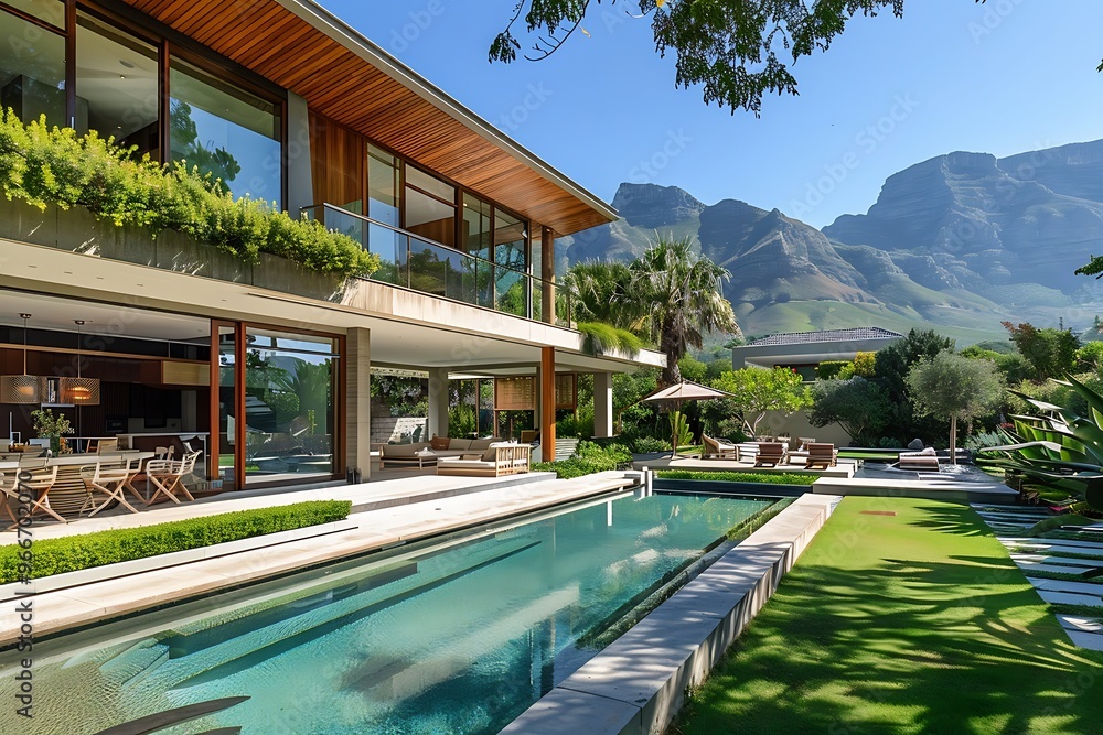 Fototapeta premium Front yard and garden of an elegant modern house at St. Monitor Mountain, Cape Town