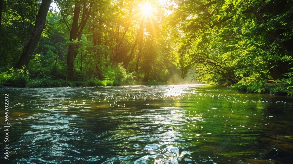 Obraz premium A calm river flowing through a dense forest, with sunlight filtering through the leaves and creating dappled light on the water