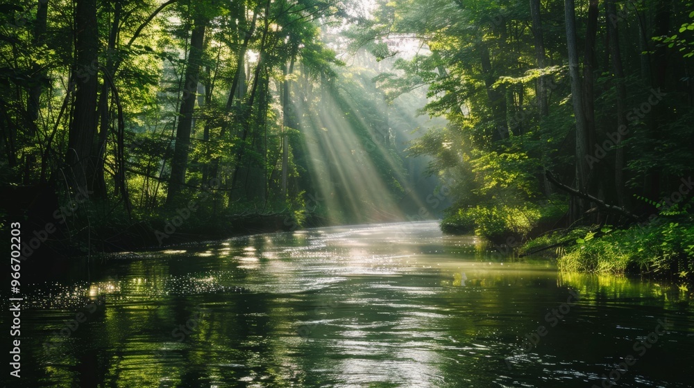 A calm river flowing through a dense forest, with sunlight filtering through the leaves and creating dappled light on the water A calm river flowing through a dense forest, with sunlight filtering through the leaves and creating dappled light on the water