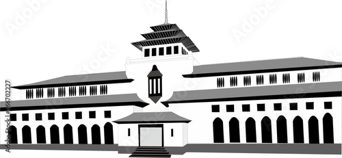 Illustration black and white of Gedung Sate, the icon of West Java, Bandung, the West Java governor's building