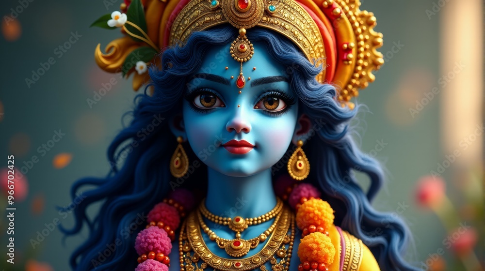 A blue and gold statue of a woman with a blue face and gold hair A blue and gold statue of a woman with a blue face and gold hair