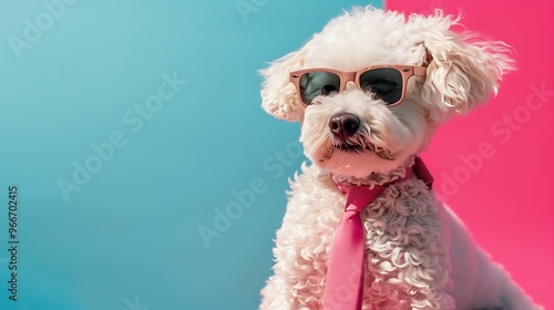 small bichon dog looking away while wearing a pink tie and sunglasses on pink and blue background