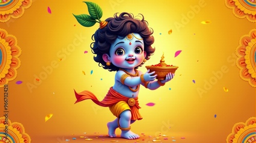 A child holding a lantern in a yellow background